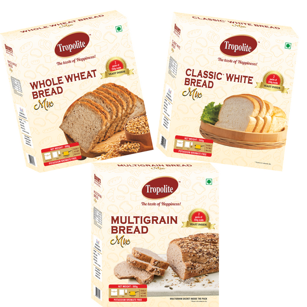 Tropolite Bread Mix Combo Pack - ( Whole Wheat Bread 500 g, Classic White 500 g & Multigrain 500 g) - Tropilite Foods